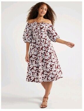 Free Assembly Off-Shoulder Floral Midi Dress with Puff Sleeves